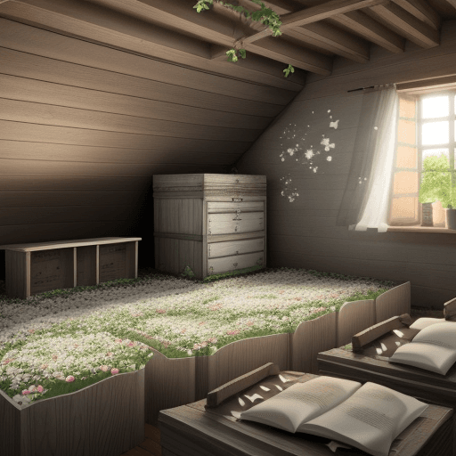 AI generated: Flower bed of paper flowers in a wooden attic
Dust on boxes and silver chests
Children handprints on...