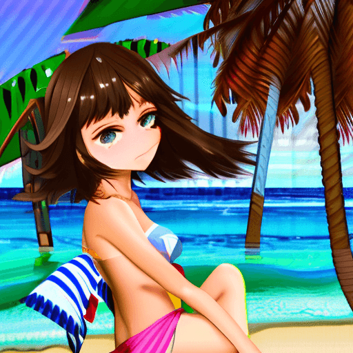AI generated: A cute anime girl at the beach, colorful beach outfit, lying on a beach towel, riptide, ocean, sand,...