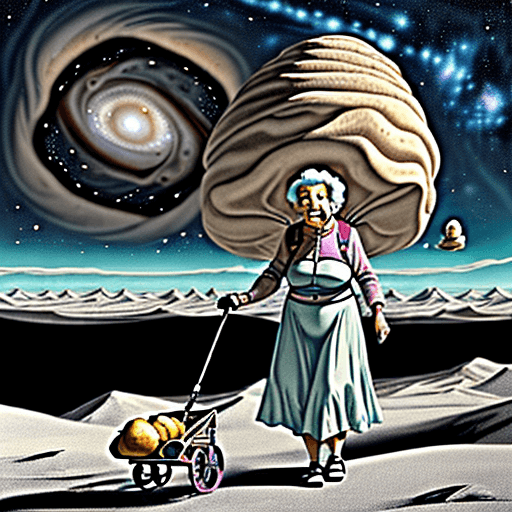 AI generated: Grandma Mildred, an adventurous grandmother with a love for the stars, takes a leisurely stroll on J...