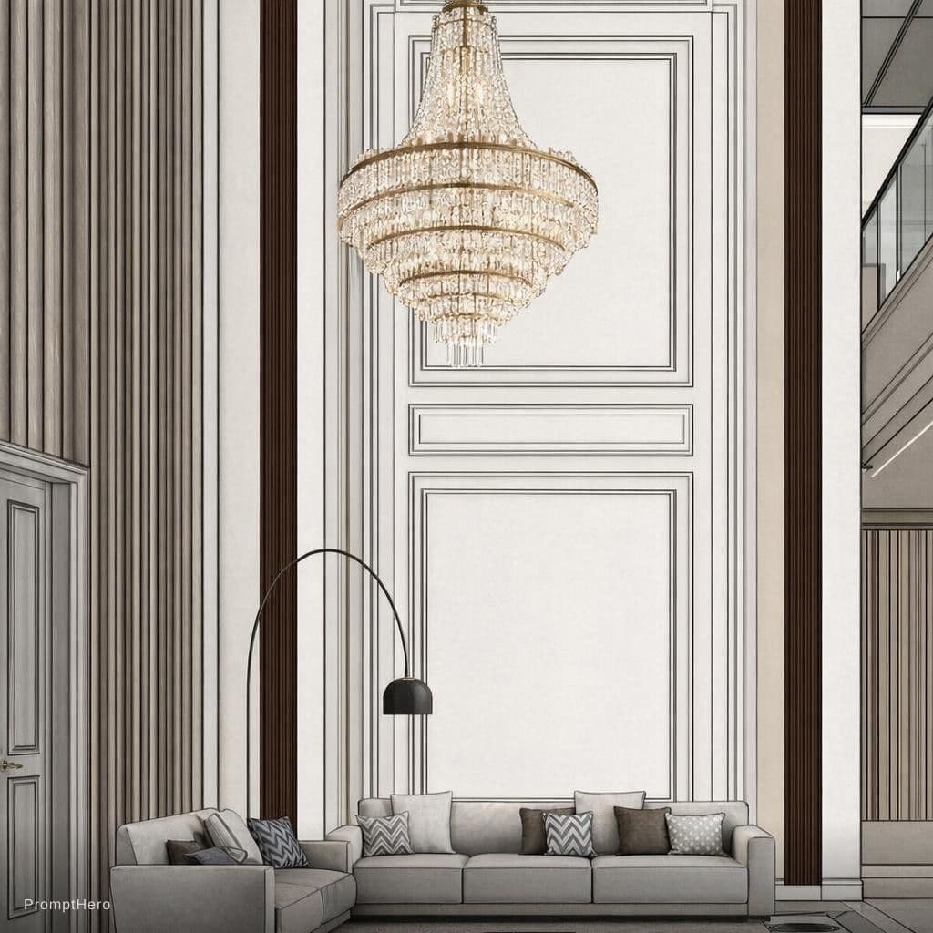 AI generated: neo classical theme double height drawing room in shades of beige and white and grey,add changelier 