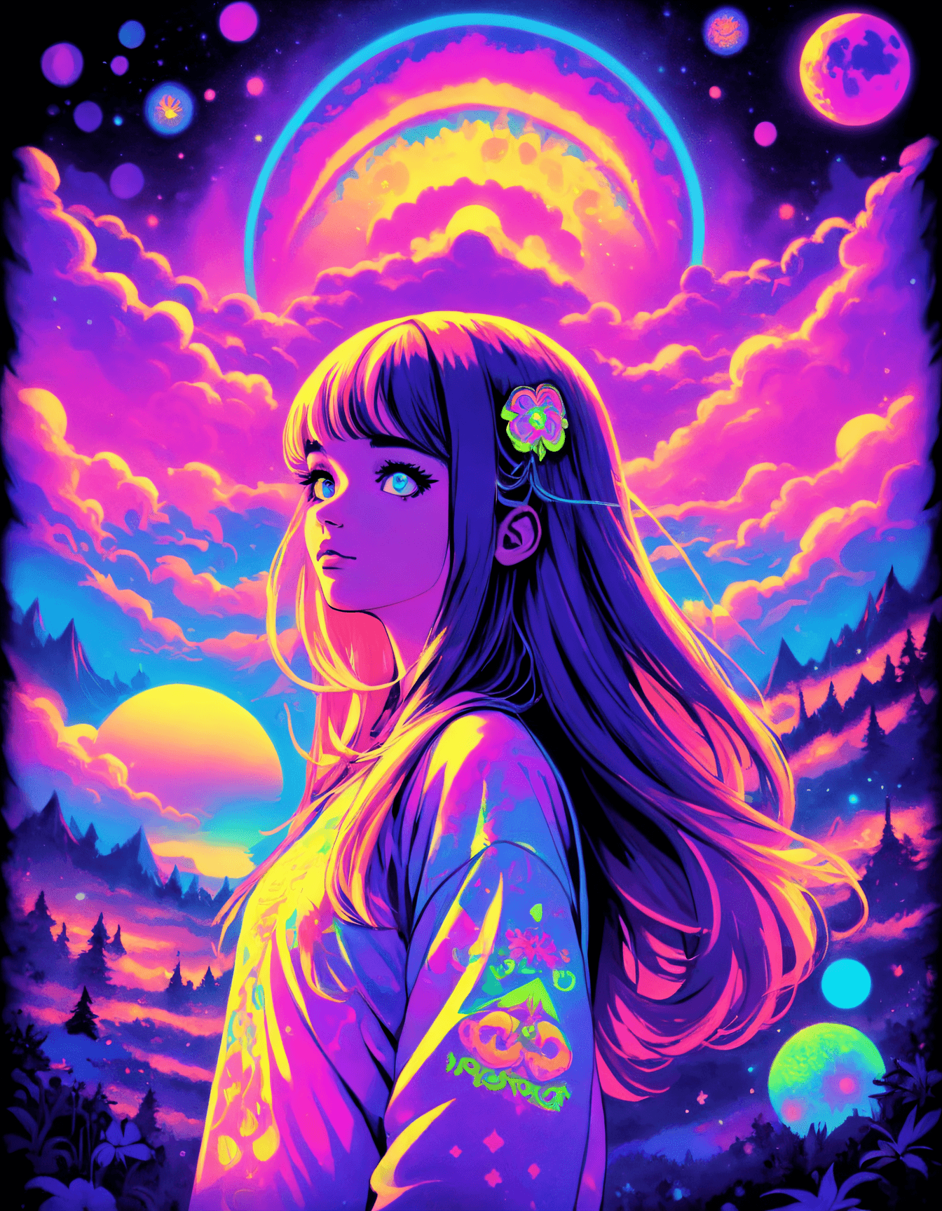 AI generated: Masterpiece, Best Quality, Psychedelic blacklight poster , a teenage girl , Day-glo ink, hippie moti...