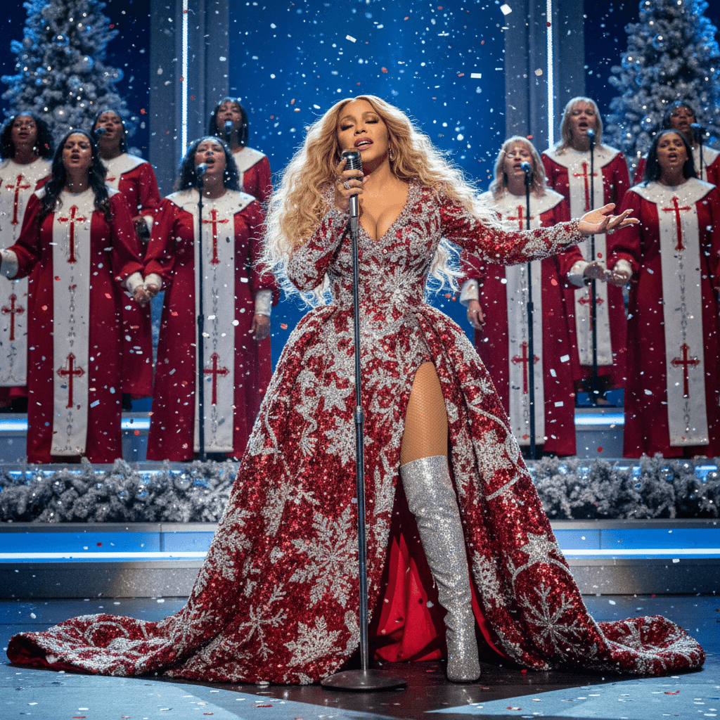 AI generated: A glamorous female superstar performing live on stage, powerful pose with flowing hair, holding a mi...