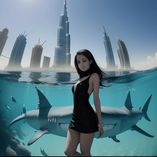 AI generated: Beautiful girl with sharks, against the backdrop of Burj Khalifa