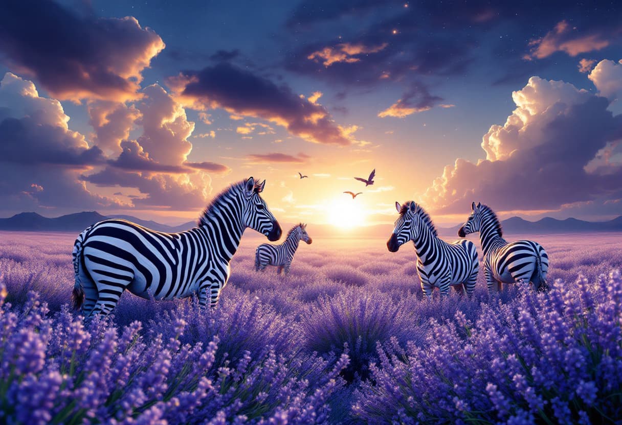 AI generated: create some zebras in a lavender meadow at sunset in a surreal and intricate scene blending nature a...