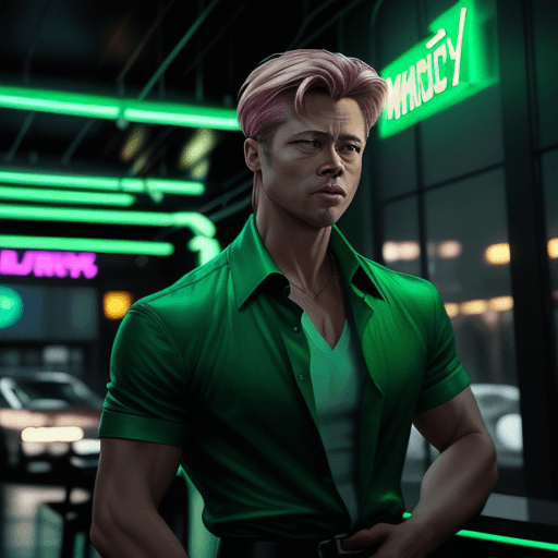 AI generated: Martin Ansin style, light green and light emerald green, Brad Pitt style full physical height, hands...