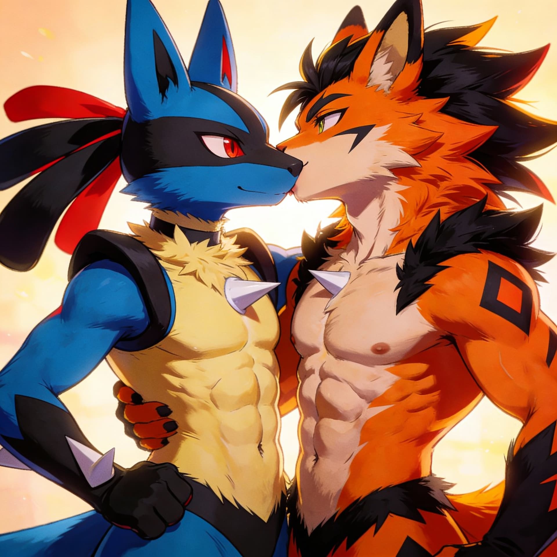 AI generated: Furry, Lucario, Incineroar, Pokemon, muscles, abs, kissing

