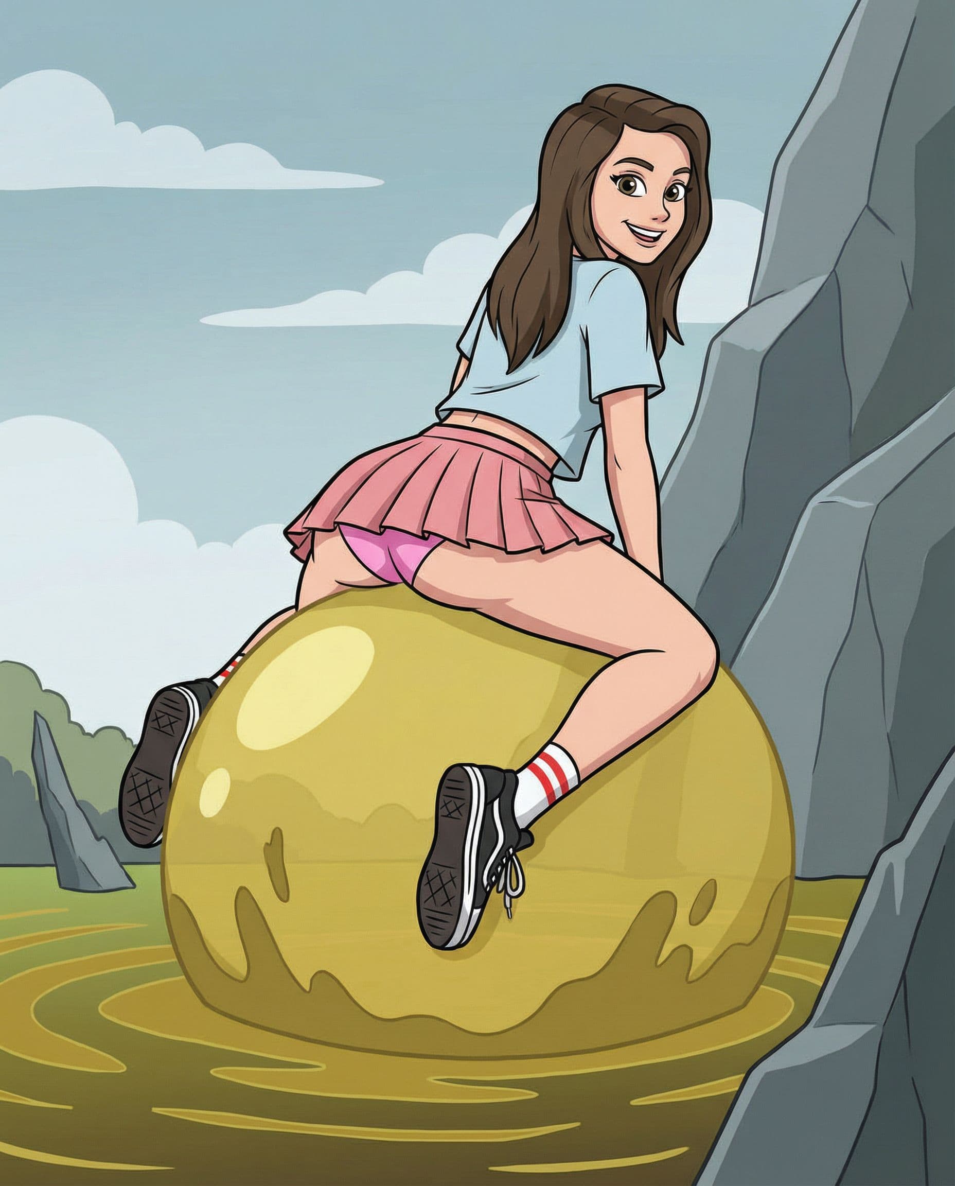 AI generated: Generate and replace Twilight Sparkle with a teen girl wrapping the muddy bubble with her legs, and ...