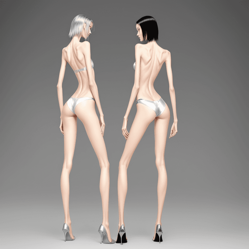AI generated: photo of two an extremely skinny, flat-chested models with extreme long and skinny legs with extreme...