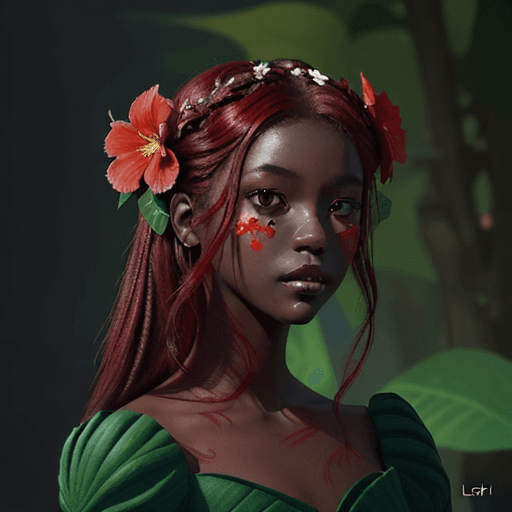AI generated: a painting of a woman with flowers in her hair, by loish, Artstation contest winner, dark skin, red ...