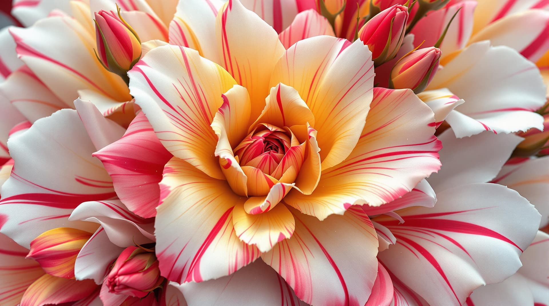 AI generated:  an abstract hybrid 3d fictive flowers and buds,close up in a kaleidoscope of colors,rose x camelia,...