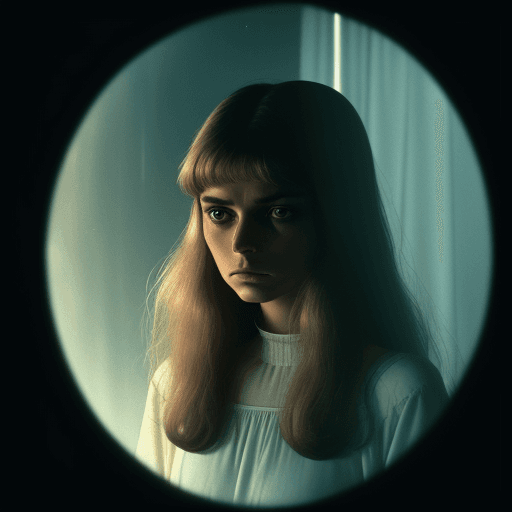 AI generated: A photograph styled to mirror a 1970s cinema frame, featuring a woman who resembles someone in her y...