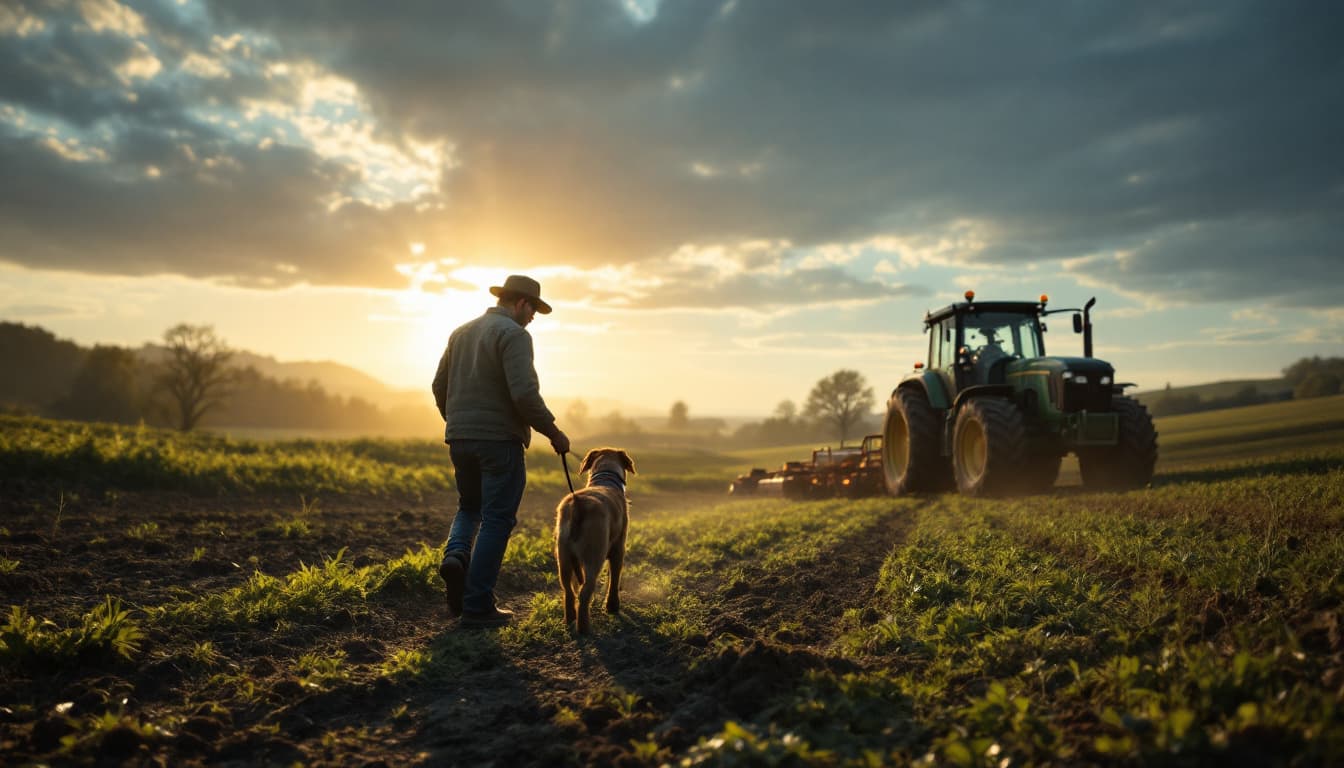 AI generated: a man in farm with tractor and dog help to him