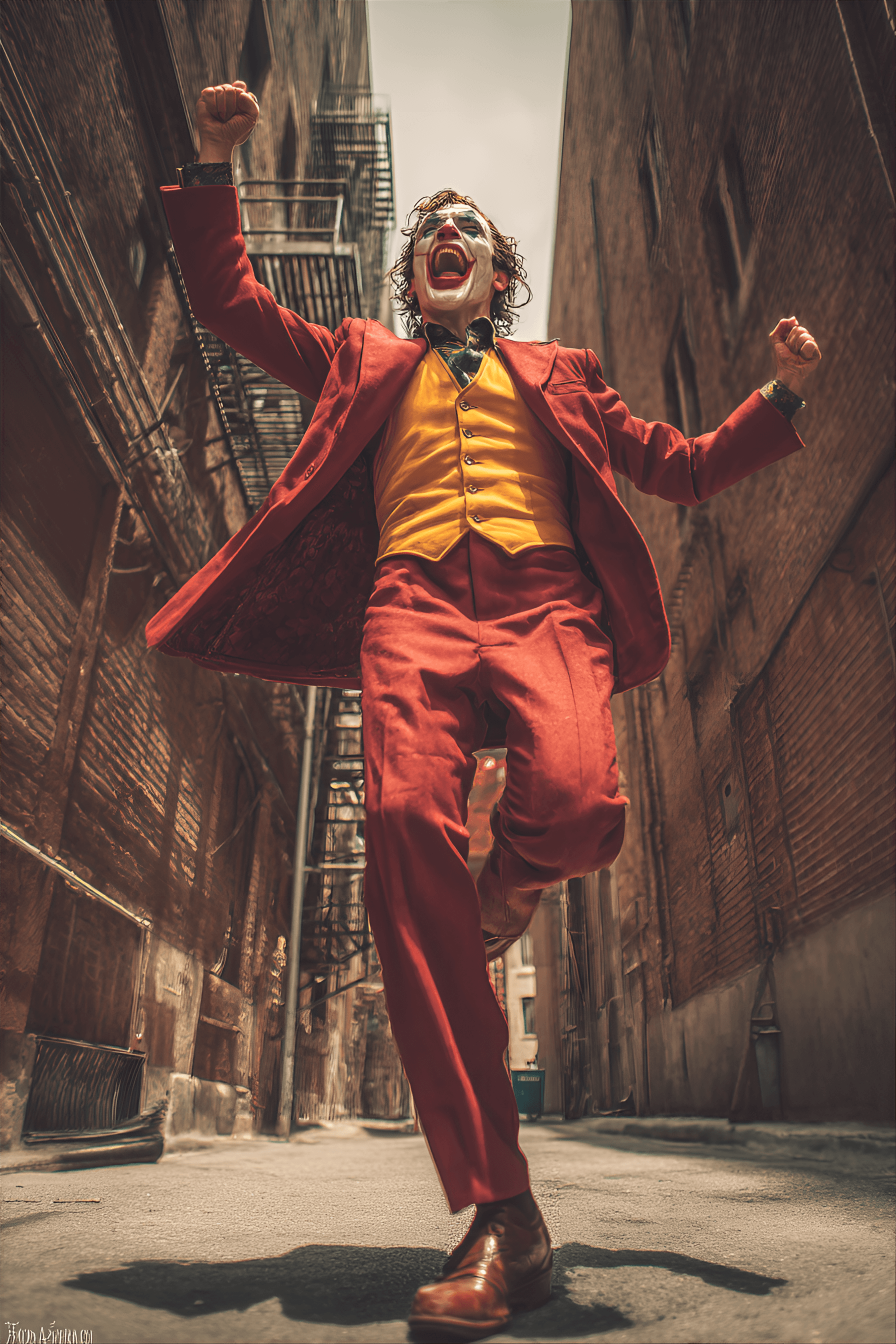 AI generated: dynamic, full shot of the Joker character,  from the movie "Joker",  a Caucasian man, likely in his ...