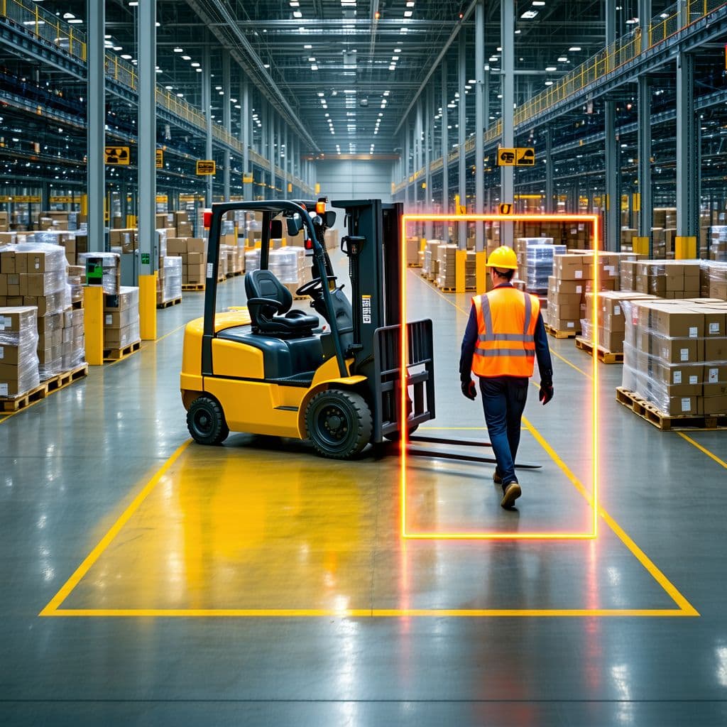 AI generated: A high-resolution image depicting a near-miss situation in a busy manufacturing site where an autono...