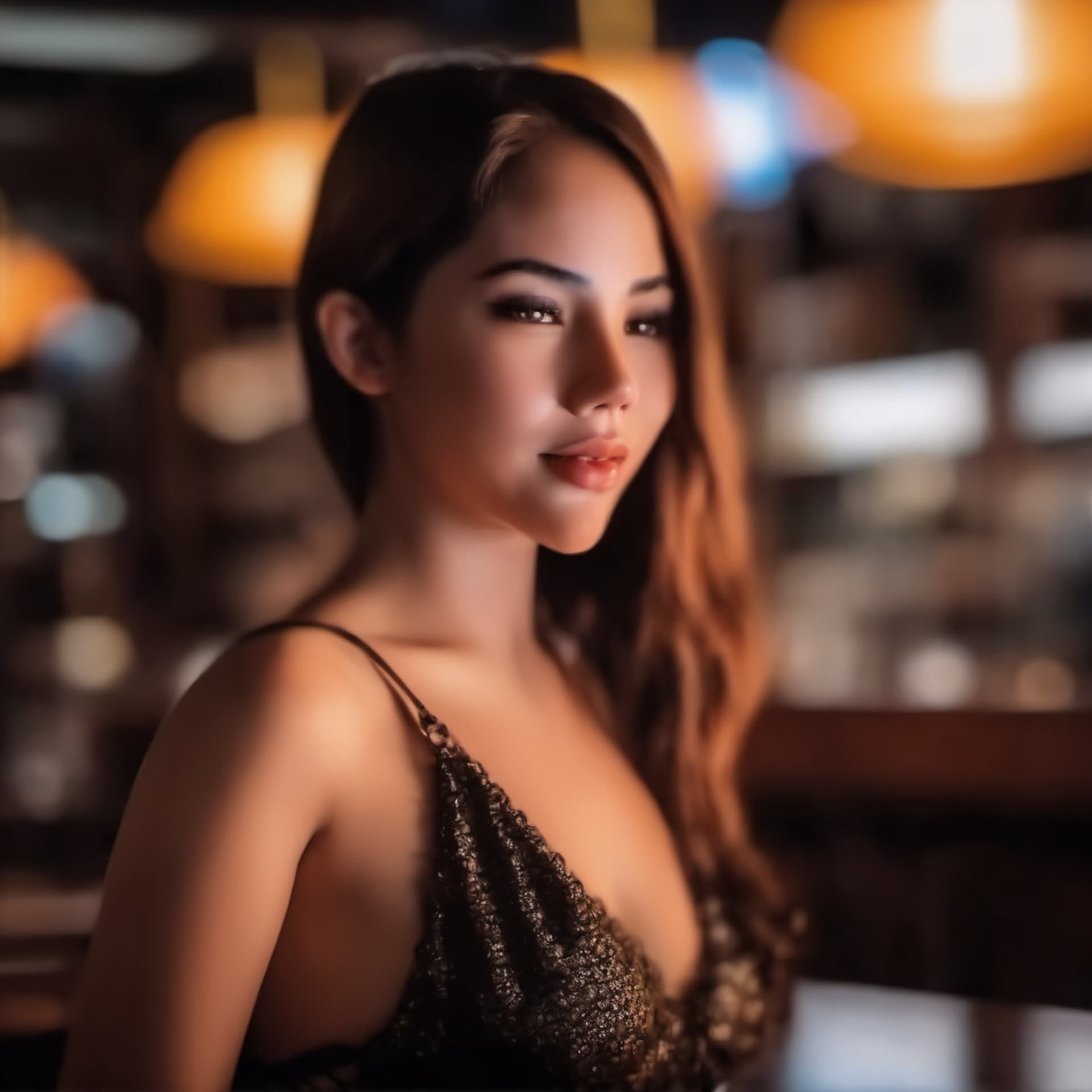 AI generated: beautiful and sexy girl in the bar at night, there is only a little light so it is very dramatic, pe...