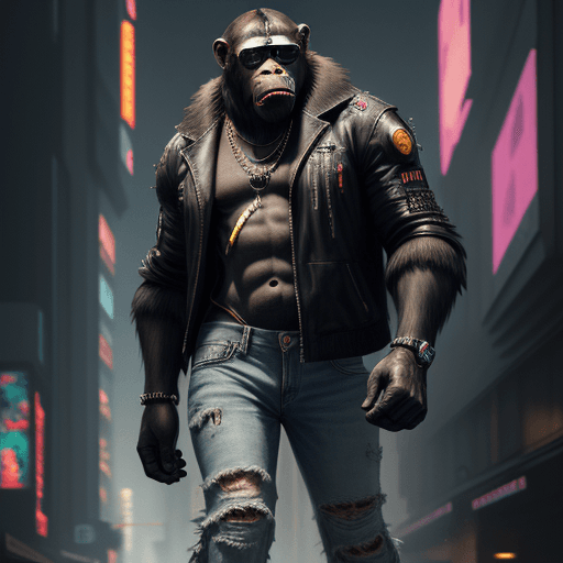 AI generated: king of apes, fashion casual ape, sneakers, sunglasses, jeans pants, futuristic background, full fig...