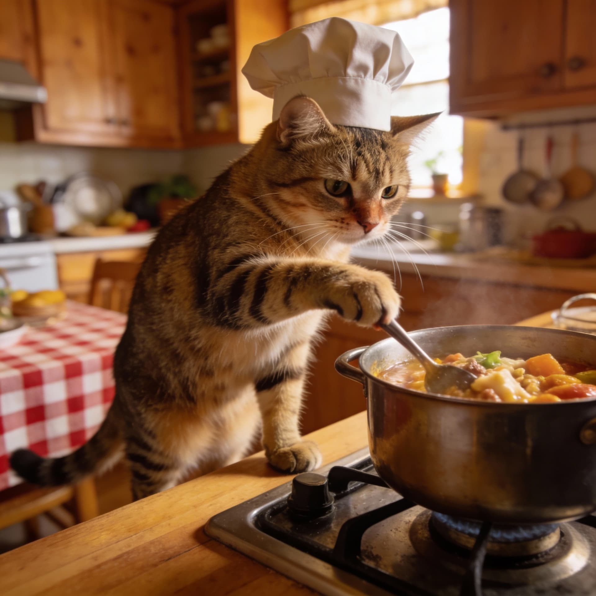 AI generated: A realistic cinematic scene of a cat cooking food in a cozy kitchen,
soft natural lighting, detailed...