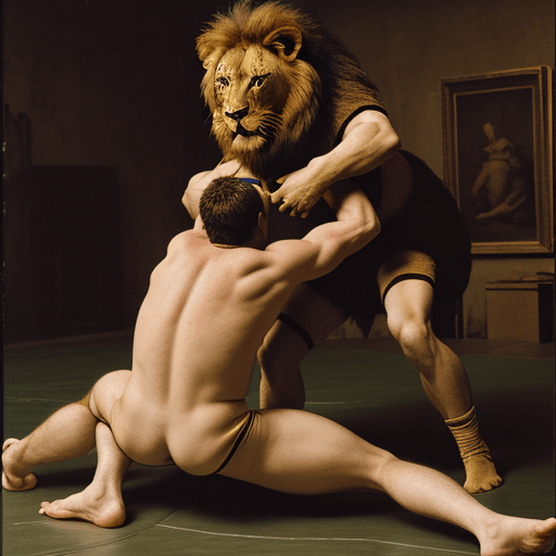 AI generated: renaissance man wrestling a lion
