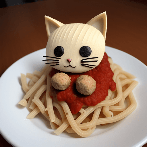 AI generated: cat made of pasta, sauce, meatballs, standing,