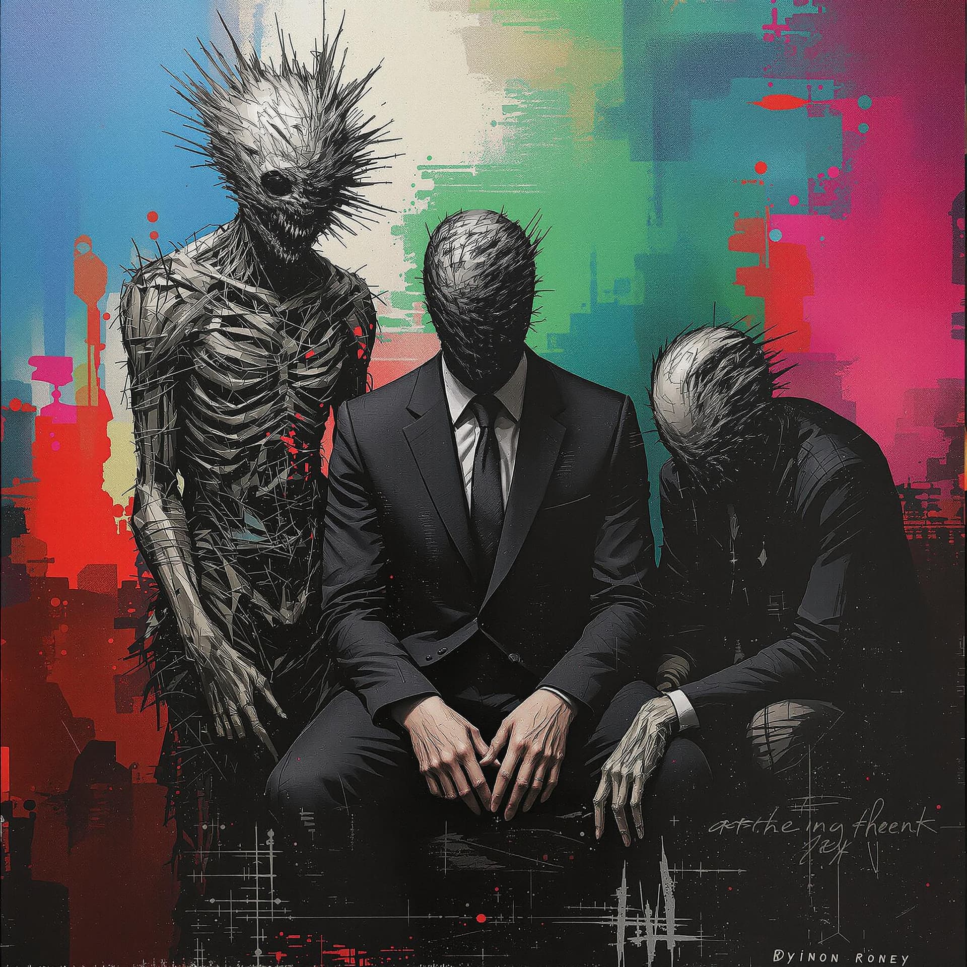 AI generated: A surreal, abstract artwork featuring three figures. The central figure is seated in a dark suit, wi...