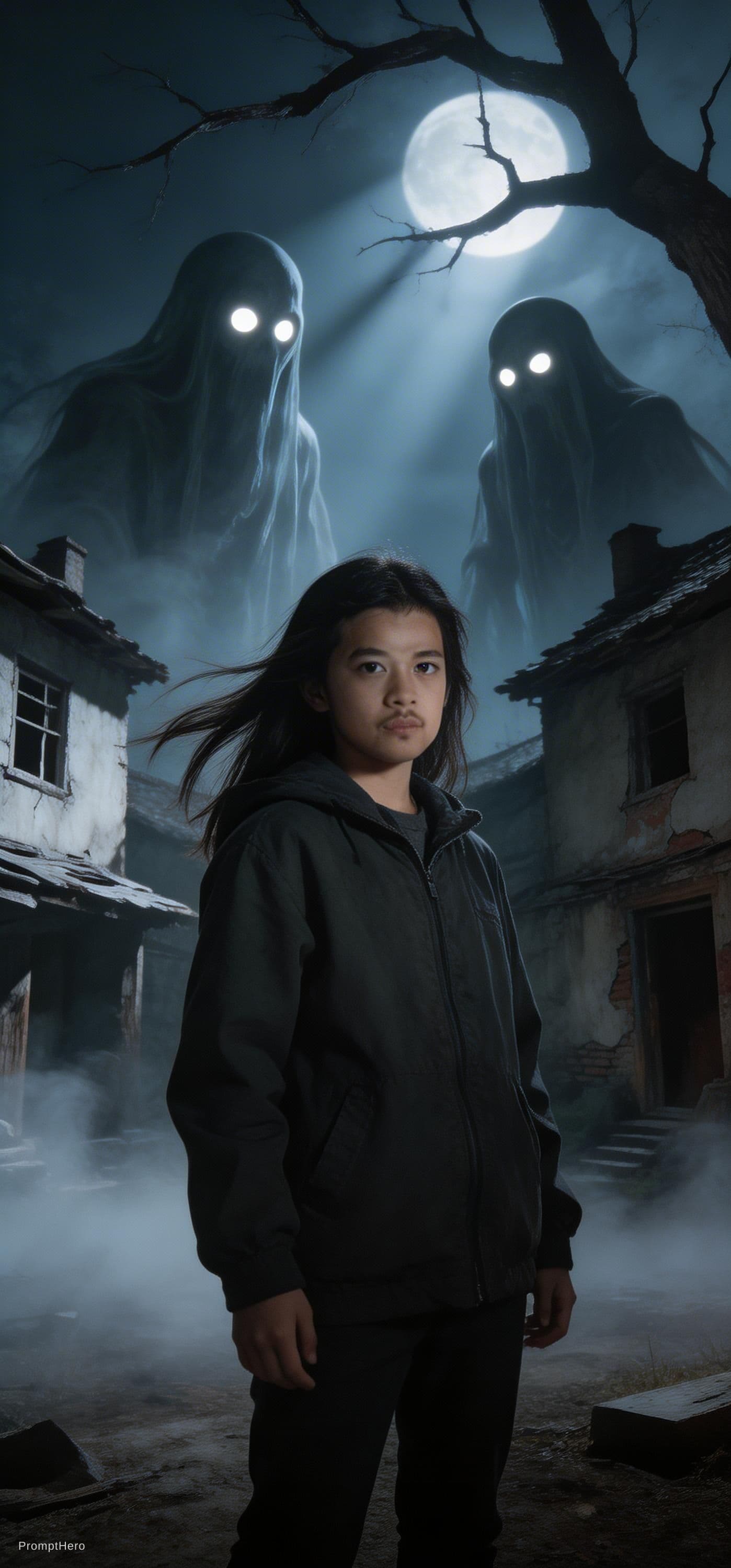 AI generated: Ultra detailed cinematic horror scene. A brave young girl standing in an old abandoned village at ni...