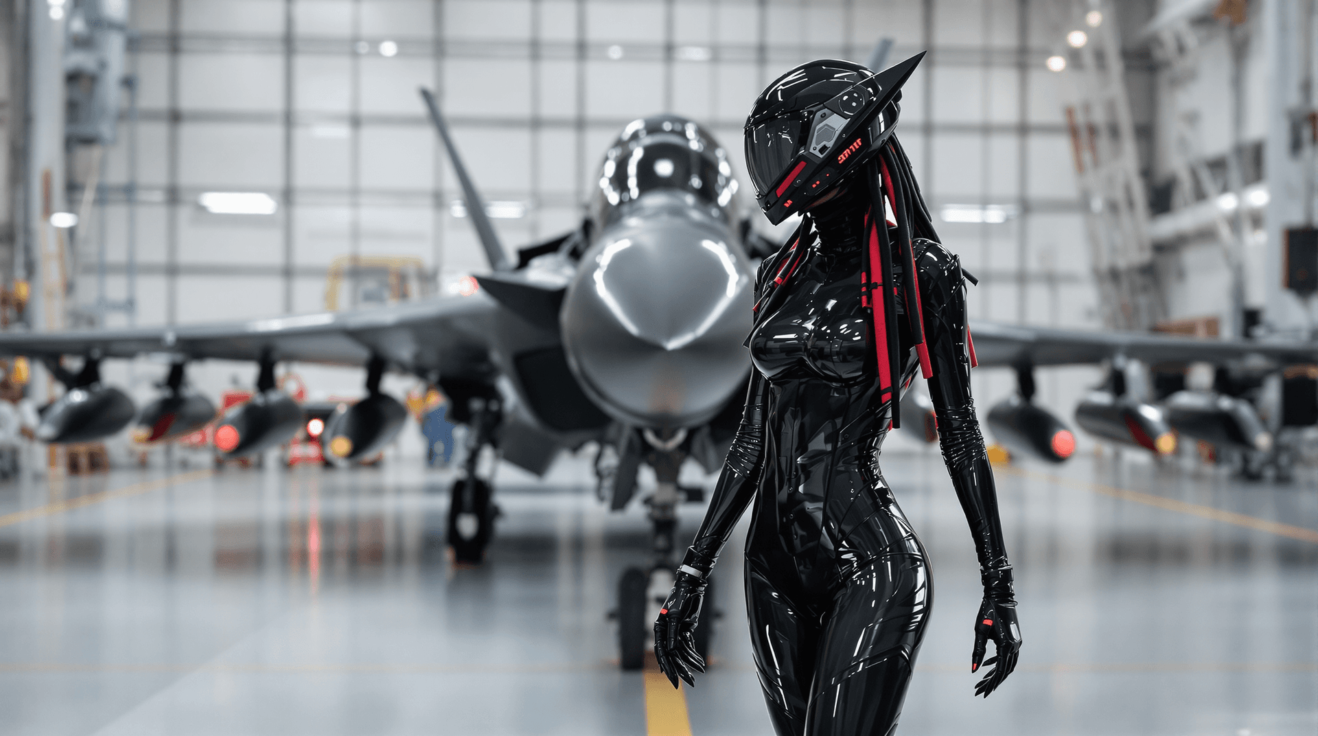 AI generated: A futuristic vision theam, full figure posing/shot, She's standing in the middle of a futuristic han...