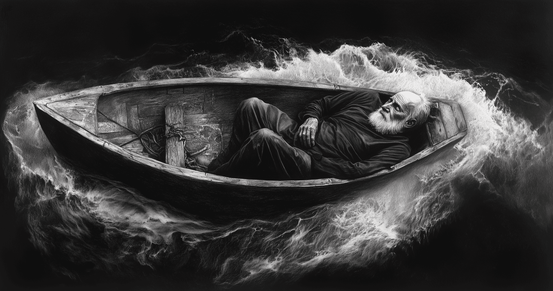 AI generated: A charcoal drawing of an old man sleeping in the bottom of his small wooden boat, floating on top of...