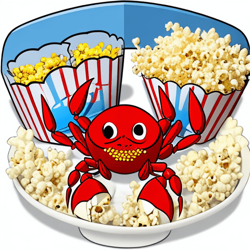 AI generated: A crab eating popcorn in clip art for children. 
