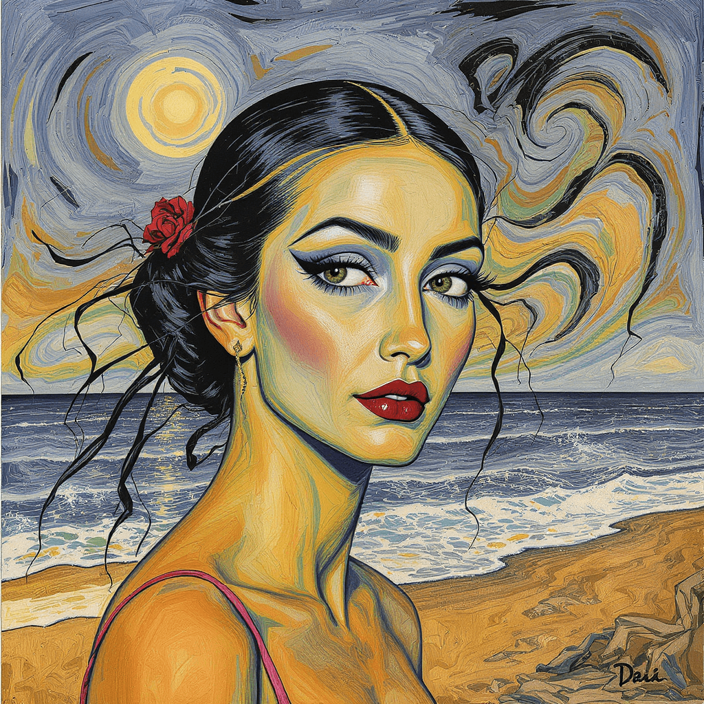 AI generated: dessin animé avec un visage d'une femme coloré entouré de la plage et la mer , dans le style de Dali...