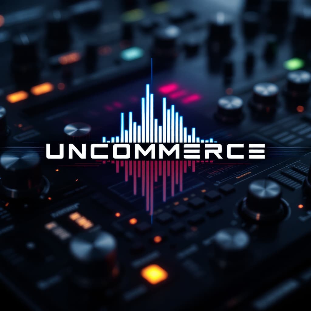 AI generated: futuristic glitch text logo "UNCOMMERCE" over dark synthesizer interface, high-tech UI, audio spectr...