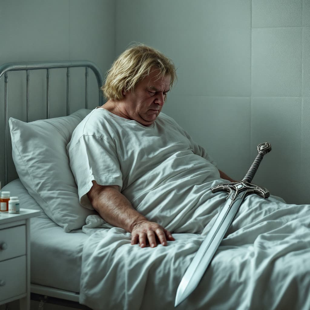 AI generated: "Side view of a depressed and overweight He-Man sitting on the edge of a hospital bed, head slightly...