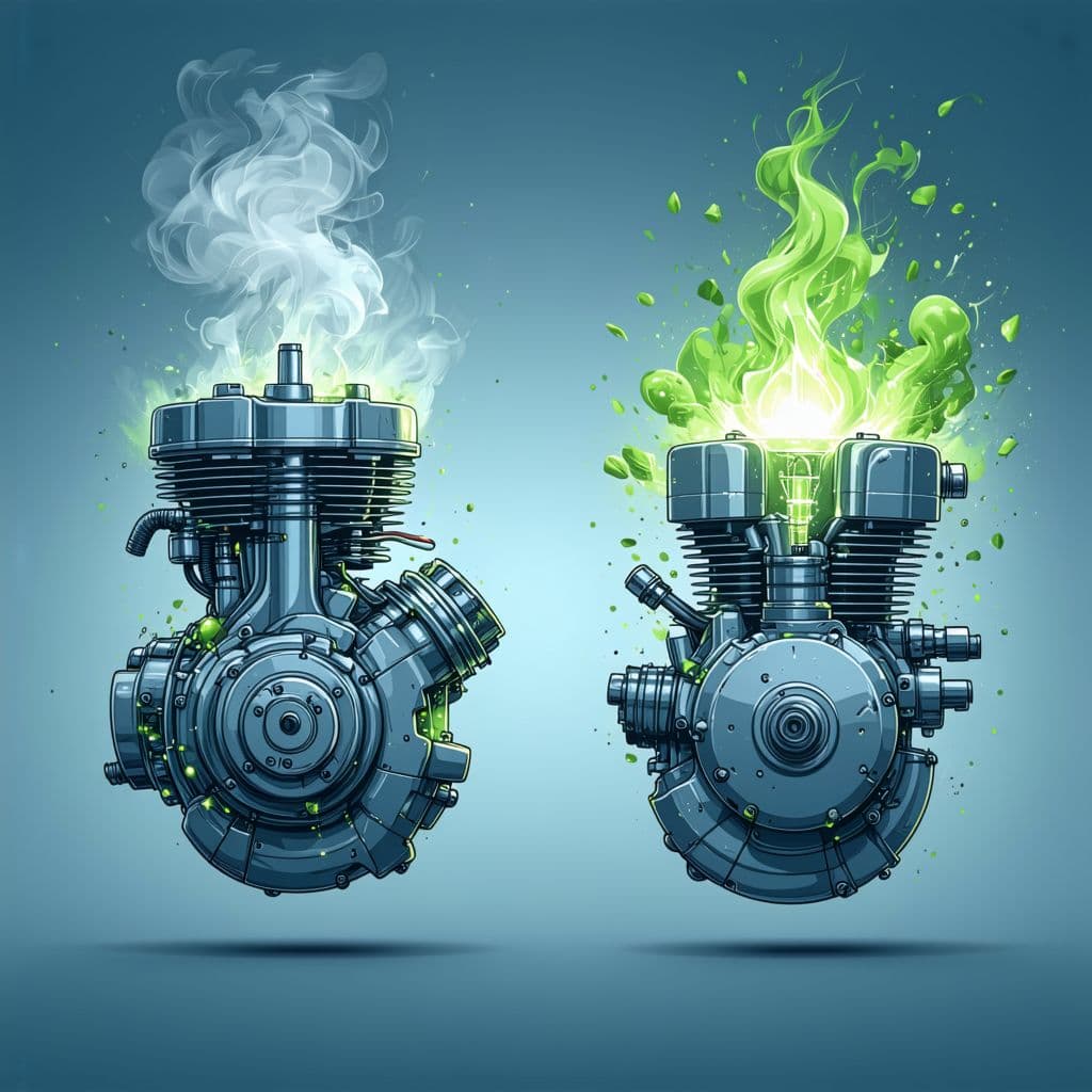 AI generated: Uma ilustração comparativa de dois tipos de motores. À esquerda, um motor a combustão com seus eleme...