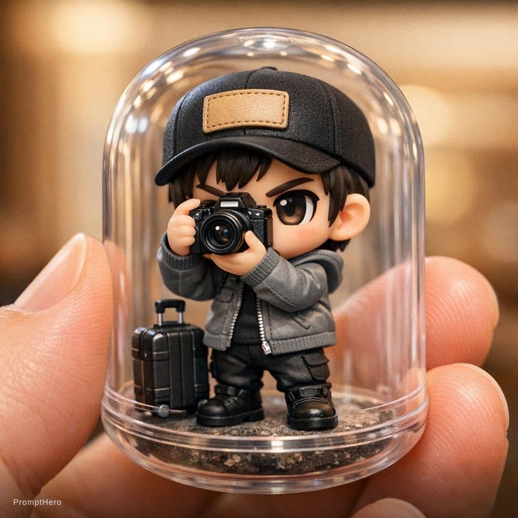 AI generated: {
  "subject": {
    "type": "chibi figurine",
    "gender": "male",
    "expression": "focused"...