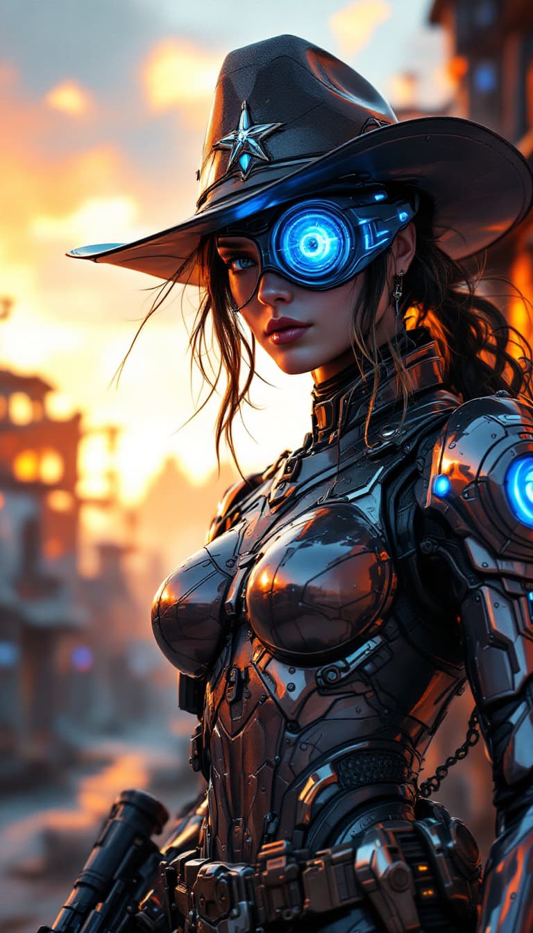 AI generated: A futuristic sheriff, wearing polished, chrome armor with glowing blue highlights, stands resolutely...