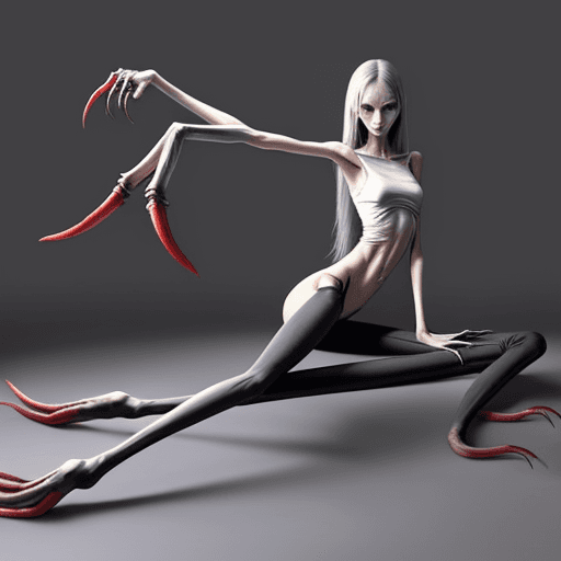 AI generated: extreme skinny slender girl, with long curved claws, skinny legs and long skinny calves in high heel...