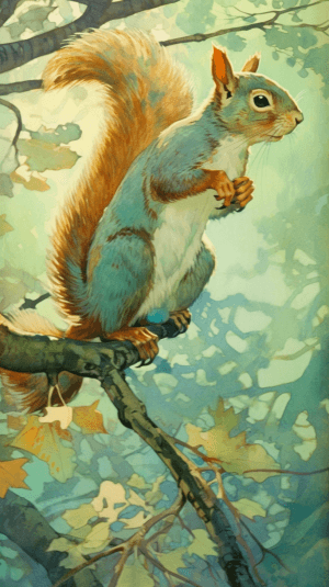 AI generated: A curious squirrel scampers on the lush tree branches, Pan Shot, double exposure, painted by Dorothy...