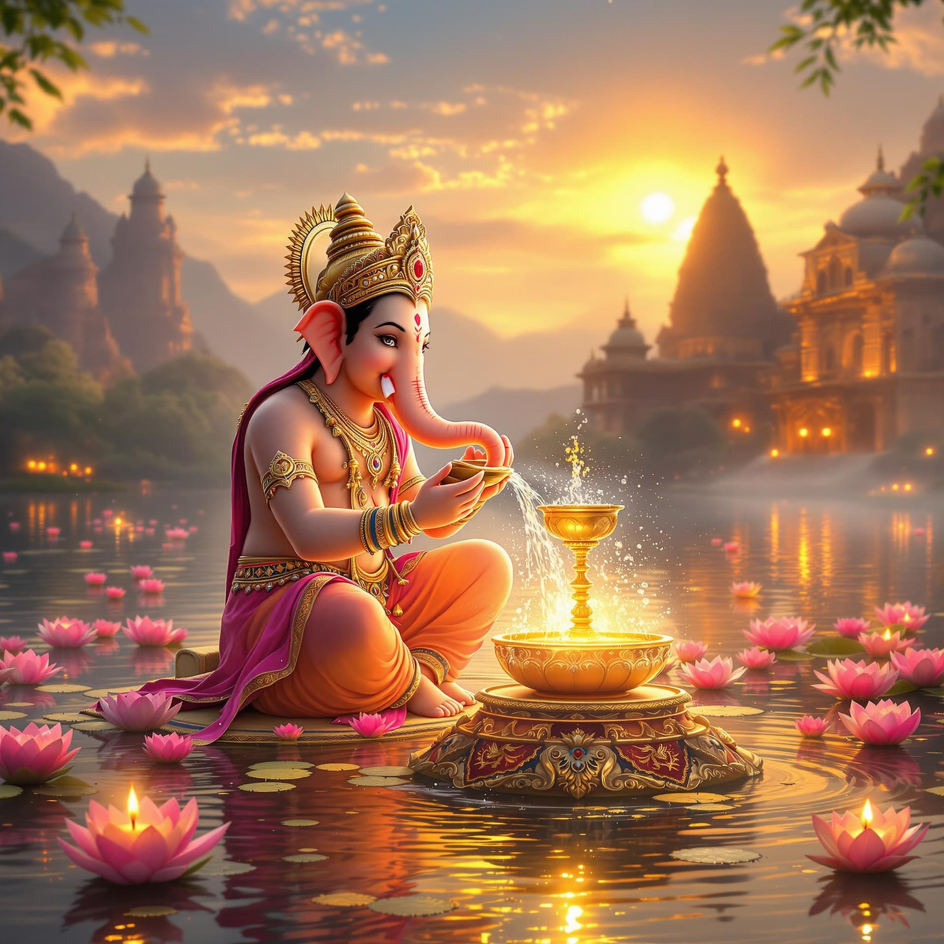 AI generated: A divine and hyper-realistic digital painting of Lord Ganesha performing Jalabhishek on a sacred Shi...