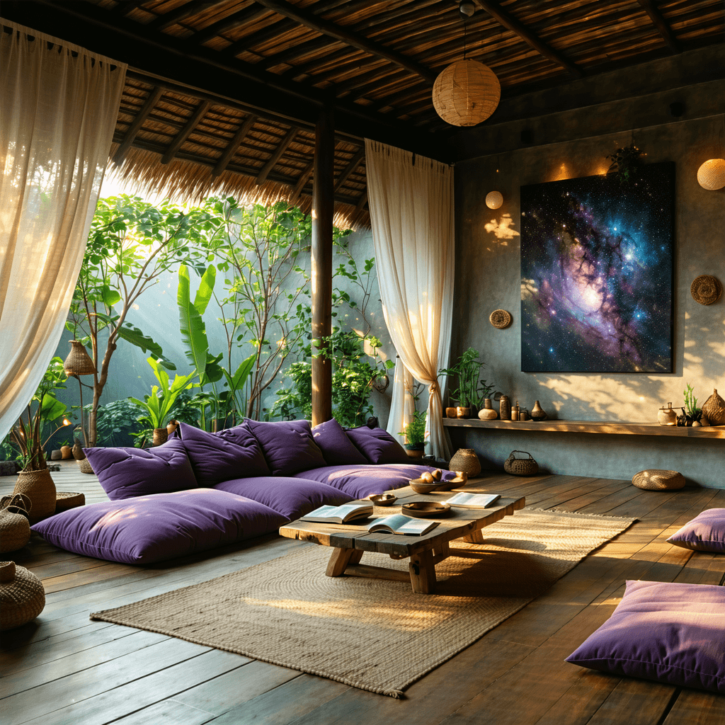 AI generated: Here is a high-end bohemian yoga retreat featuring your celestial and mystical artwork in a peaceful...