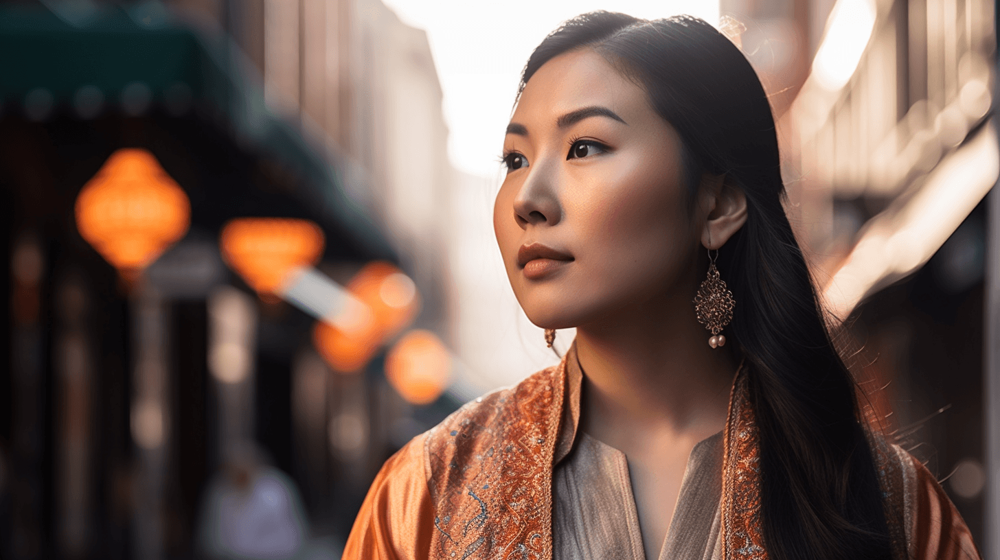 AI generated: very detailed image of a gorgeous young Asian lady standing on a bustling city street, observing the...