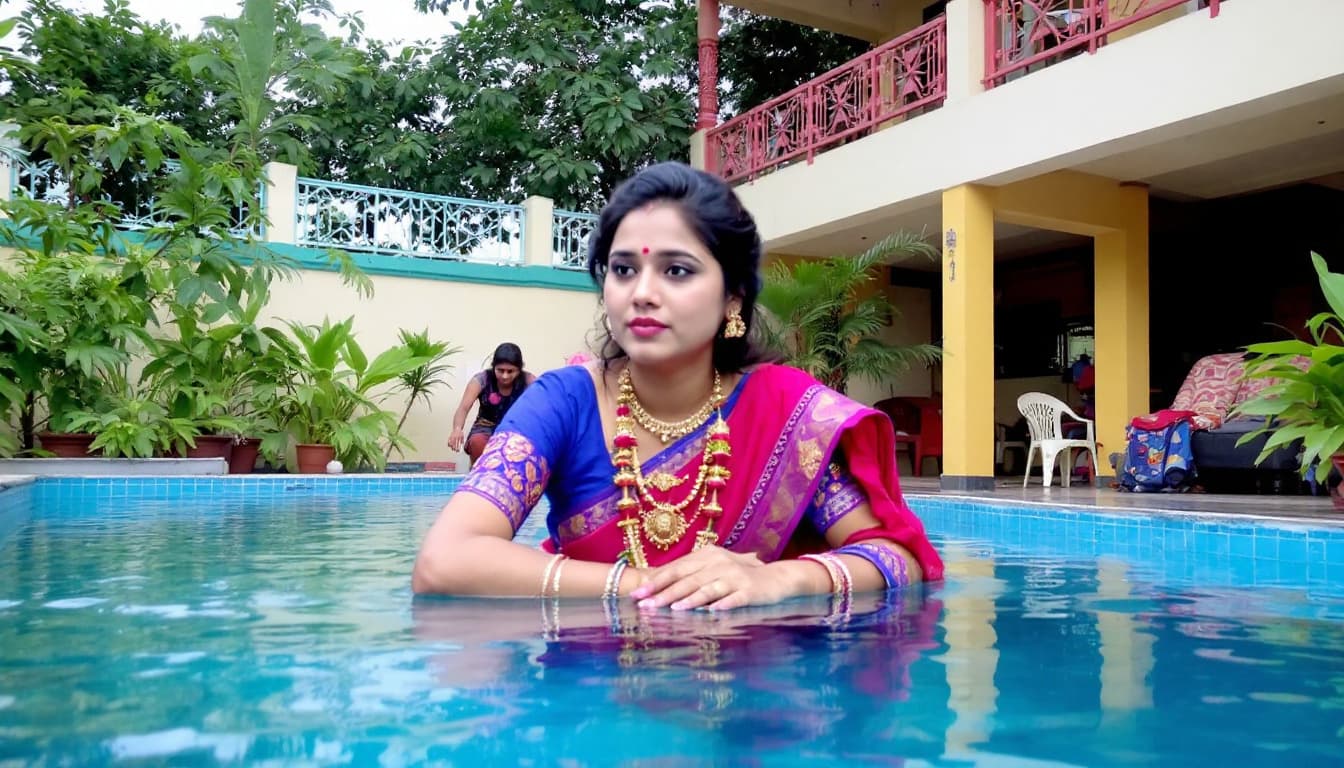 AI generated: Ek aisi ladki ki pic bnao jiski umra 23 sal ho vah pic Nahin pahne khadi ho swimming pool mein