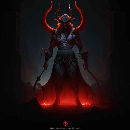 AI generated: A tiefling, with a menacing figure who has fiery red skin, imposing horns, and glowing, malevolent e...