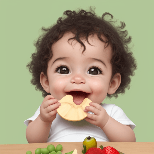 AI generated: crie uma imagem realista de um bebê comendo frutas e legumes, ele está sentado na cadeira e comendo ...