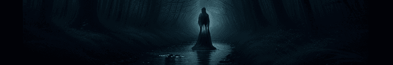 AI generated: enchanted forest, dark, moody, mystical, naked woman, walking through a stream, long dress, midjourn...