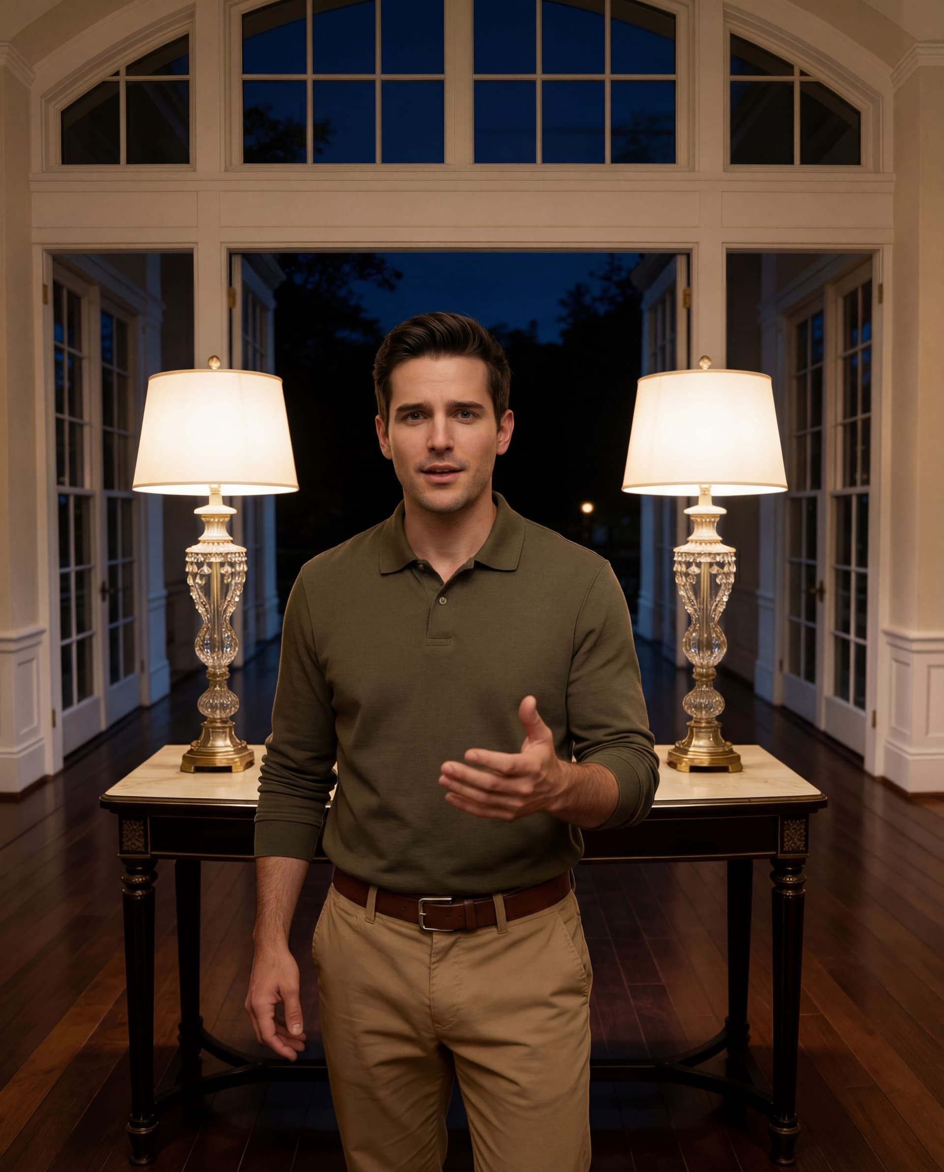 AI generated: Same image. The model is facing front. He is expressing conversation with his hand. 