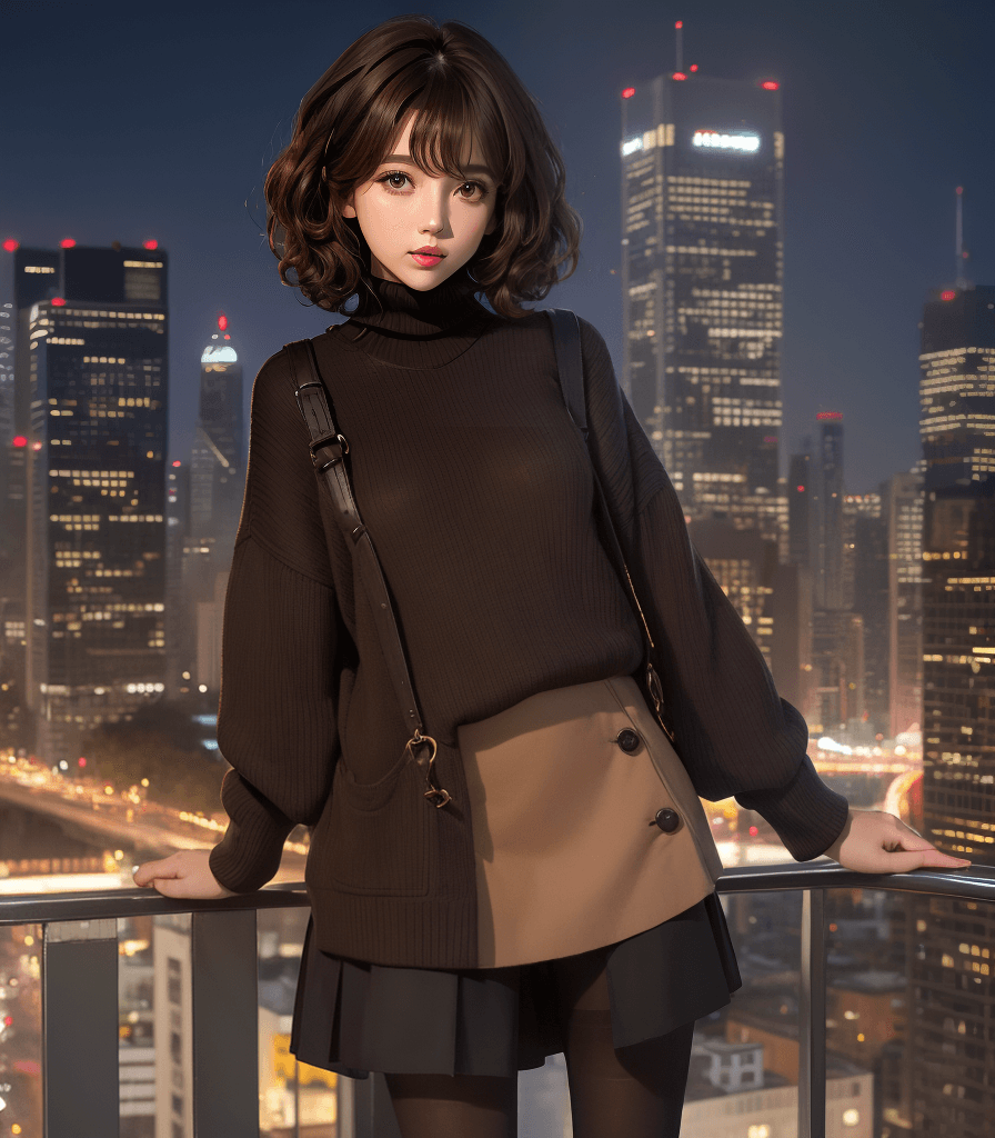 AI generated: (best quality:1.4), 1girl, city, night, pantyhose sweater, short curly  brown hair, standing