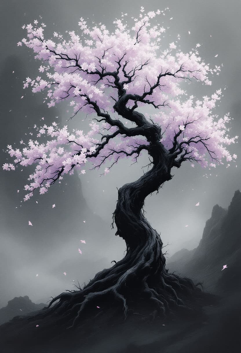 AI generated: A cinematic ink wash painting of a twisted, ancient sakura tree with extremely faded purple-pink blo...