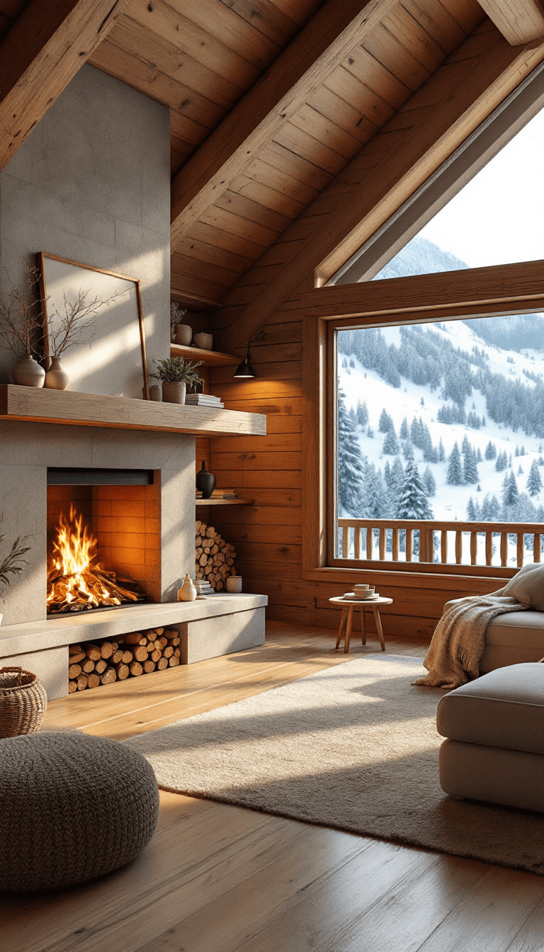 AI generated: a cozy living room in a wooden chalet, big fireplace, stacked firewood, big window with views of ski...