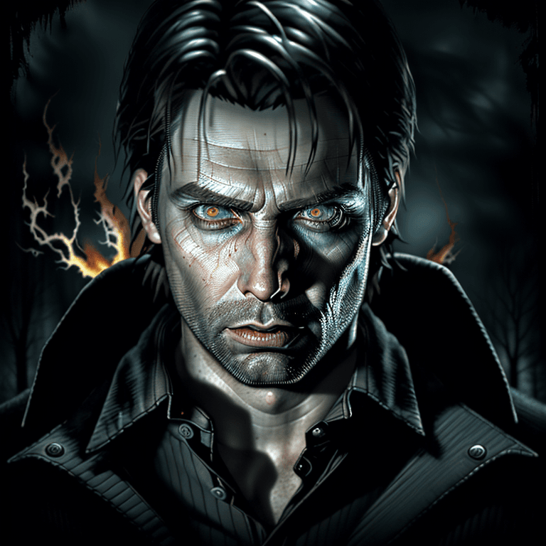 AI generated: eerie creepy portrait poster of alan wake, silent hill style, masterpiece, vivid, flames. sharp focu...
