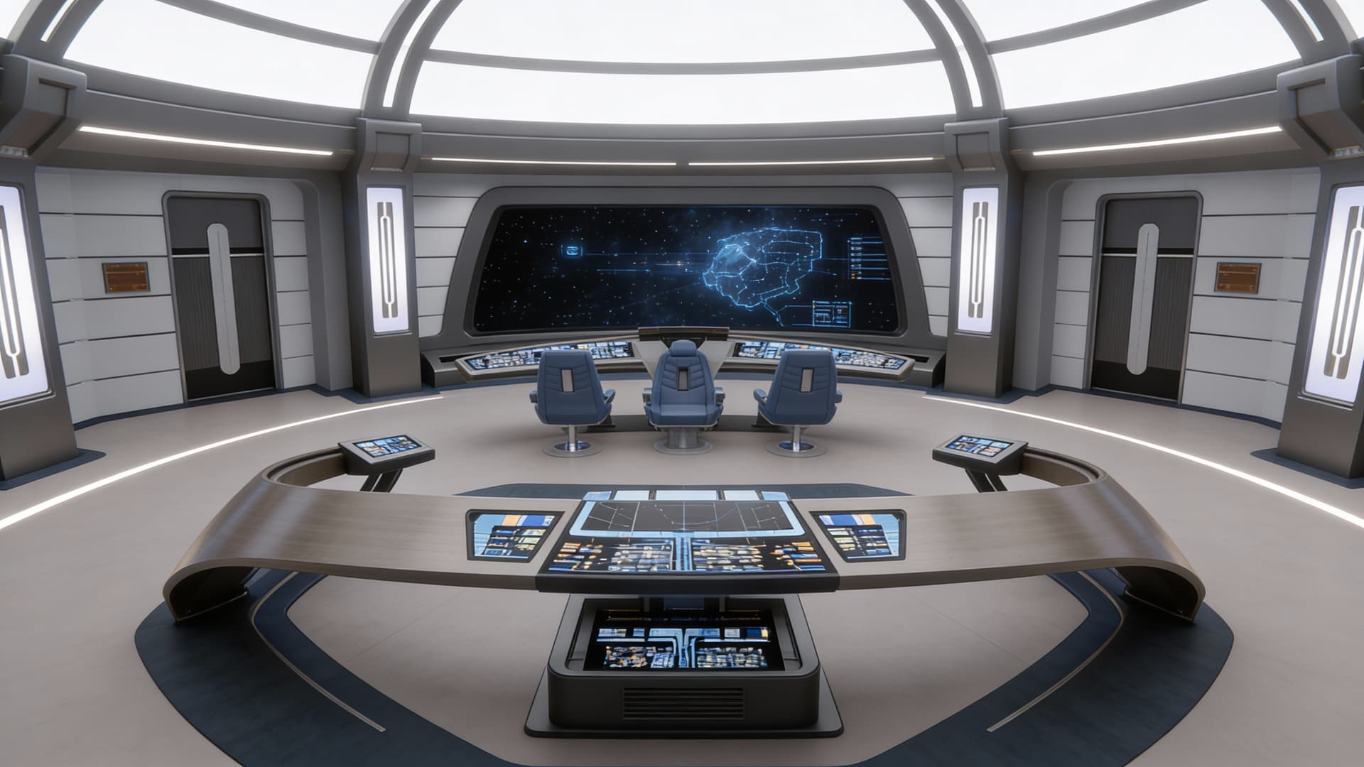 AI generated: Use the Reference Images to imagine, in detail, a Spacecraft 'C-shaped' Bridge design. Show Change i...