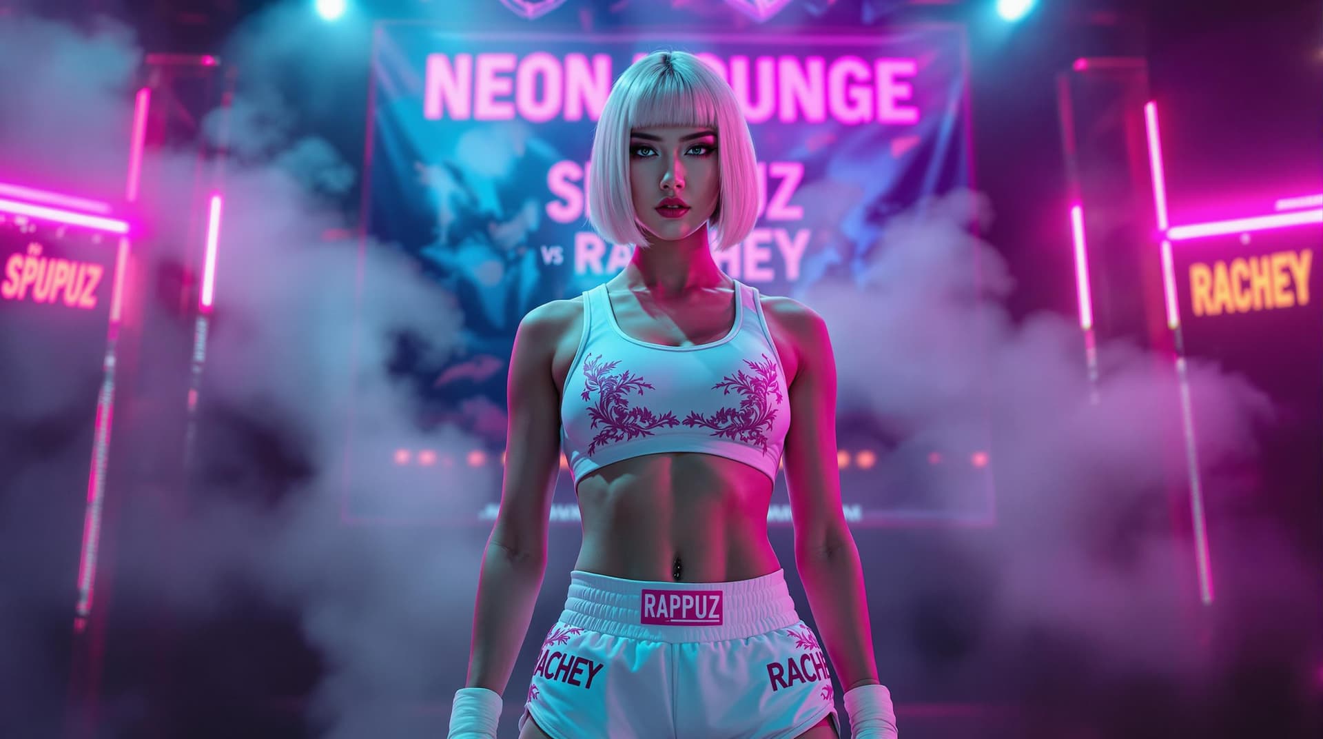 AI generated: A female K-pop idol with a white bob haircut, pulled back into a sleek style, and striking grey eyes...